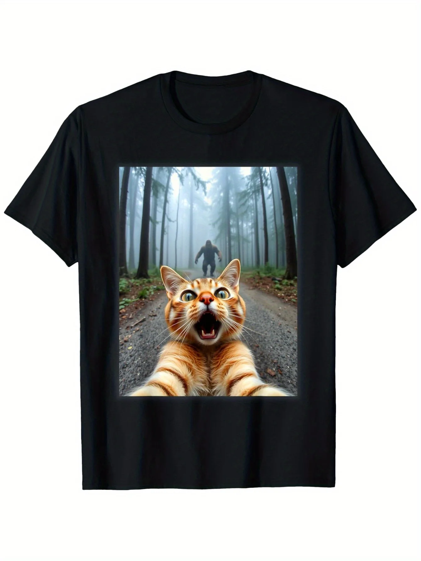 Camiseta gráfica divertida con estampado de gato y Sasquatch para hombre, cuello redondo, estilo maduro, corte regular, tela elástica