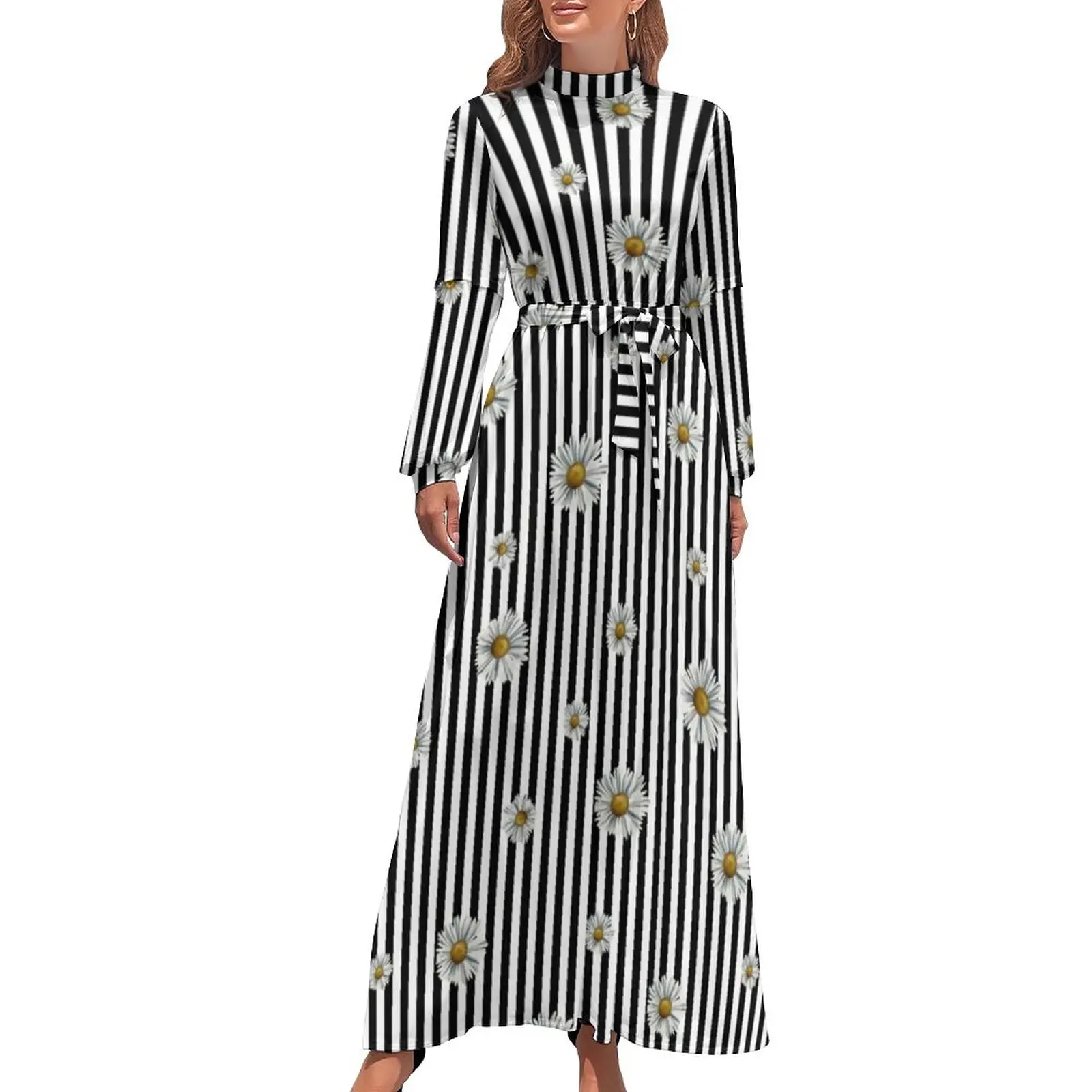 

Black And White Line Dress White Daisy Print Elegant Maxi Dress Aesthetic Beach Long Dresses High Waist Design Clothes