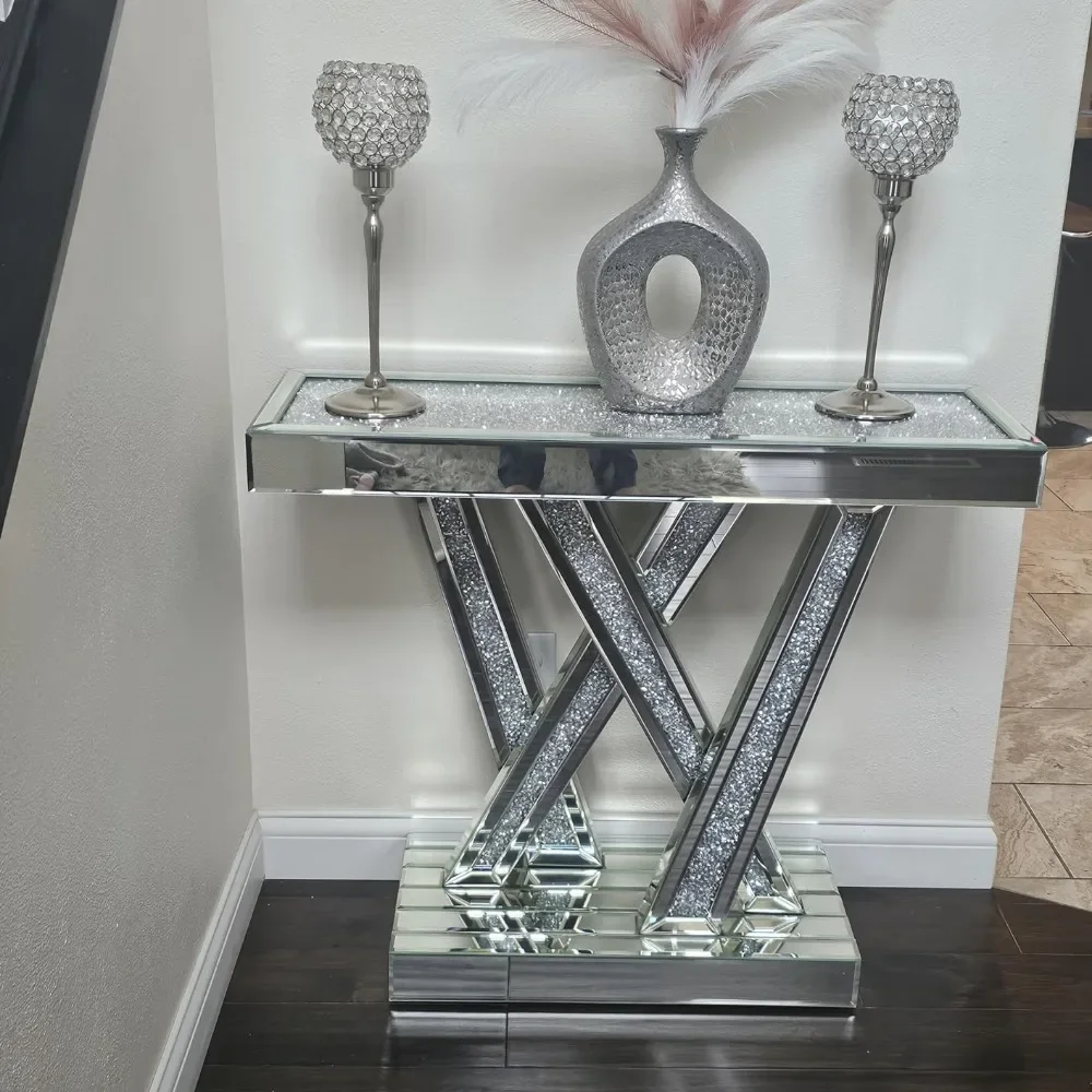 Decorative table Style W Silver Entryway Table Inlay with Sparkly Crushed Crystals, 35 inches Table for Living Room Hallway 5