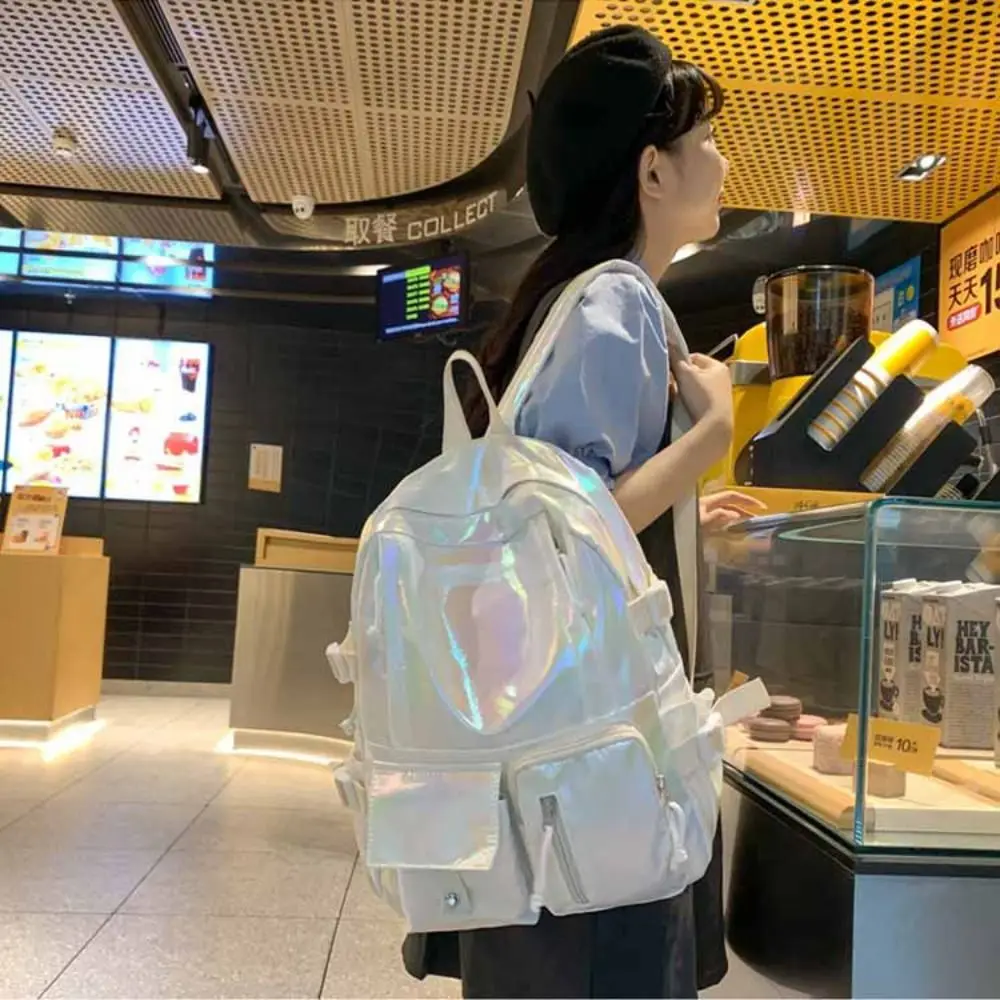 Multi-Pocket Laser Backpack Korean Style Large Capacity Students School Bag Storage Bag Travel Bag Shoulder Bag Outdoor 3
