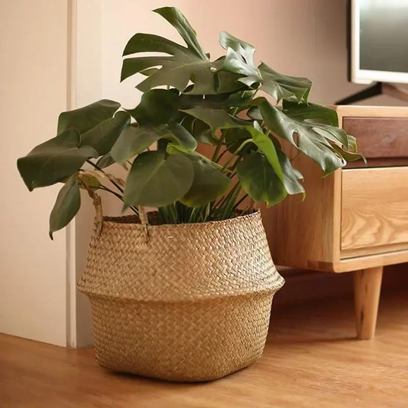 New 1pc Foldable Handmade Rattan Woven Flower Basket Seagrass Clothing Storage Basket Home Decoration Flower Basket 2