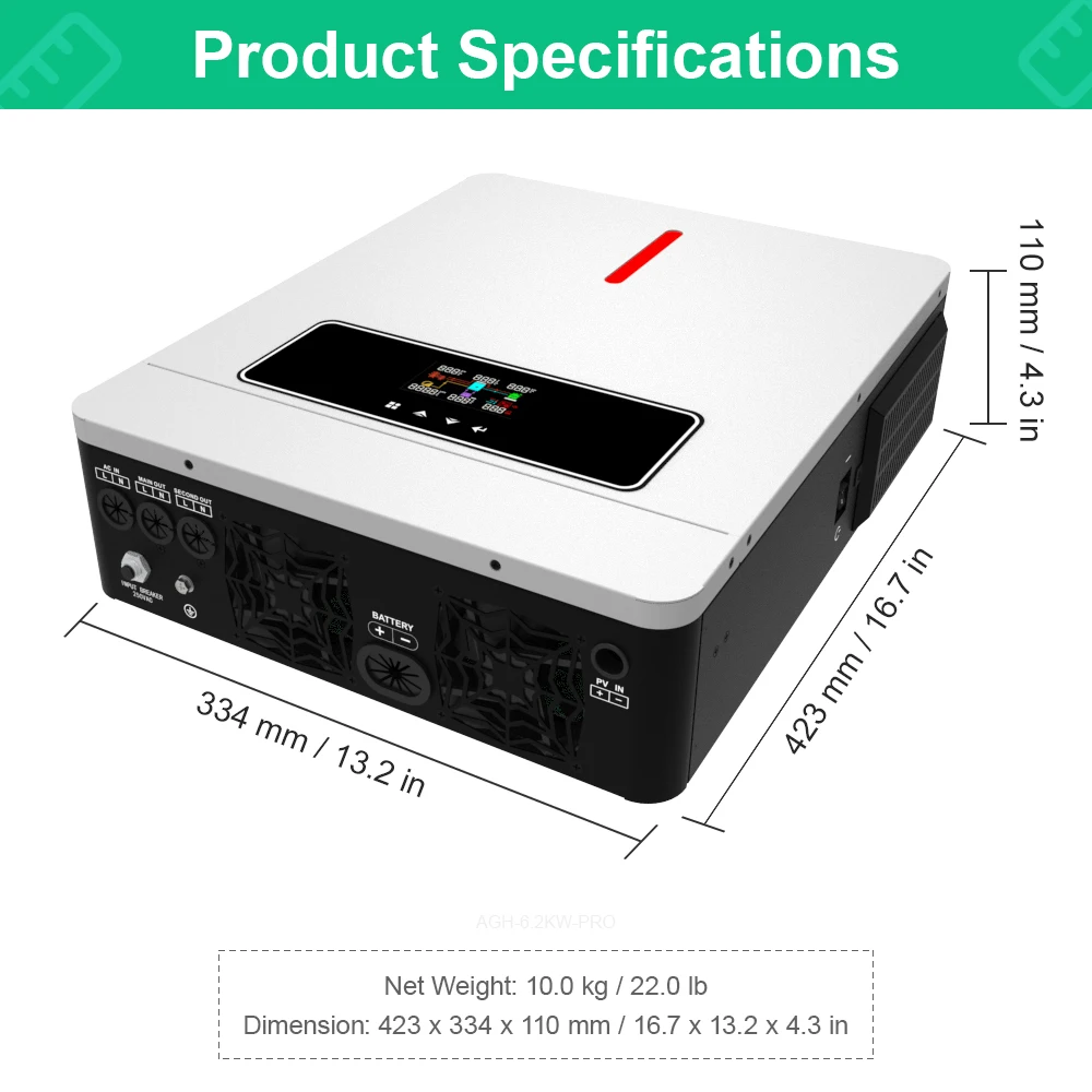 PYROSOLAR 하이브리드 태양광 인버터, MPPT 120A 태양광 충전기 포함, 순수 사인파 인버터, 그리드 듀얼 출력, 48V, 230VAC, 6.2KW, 6200W