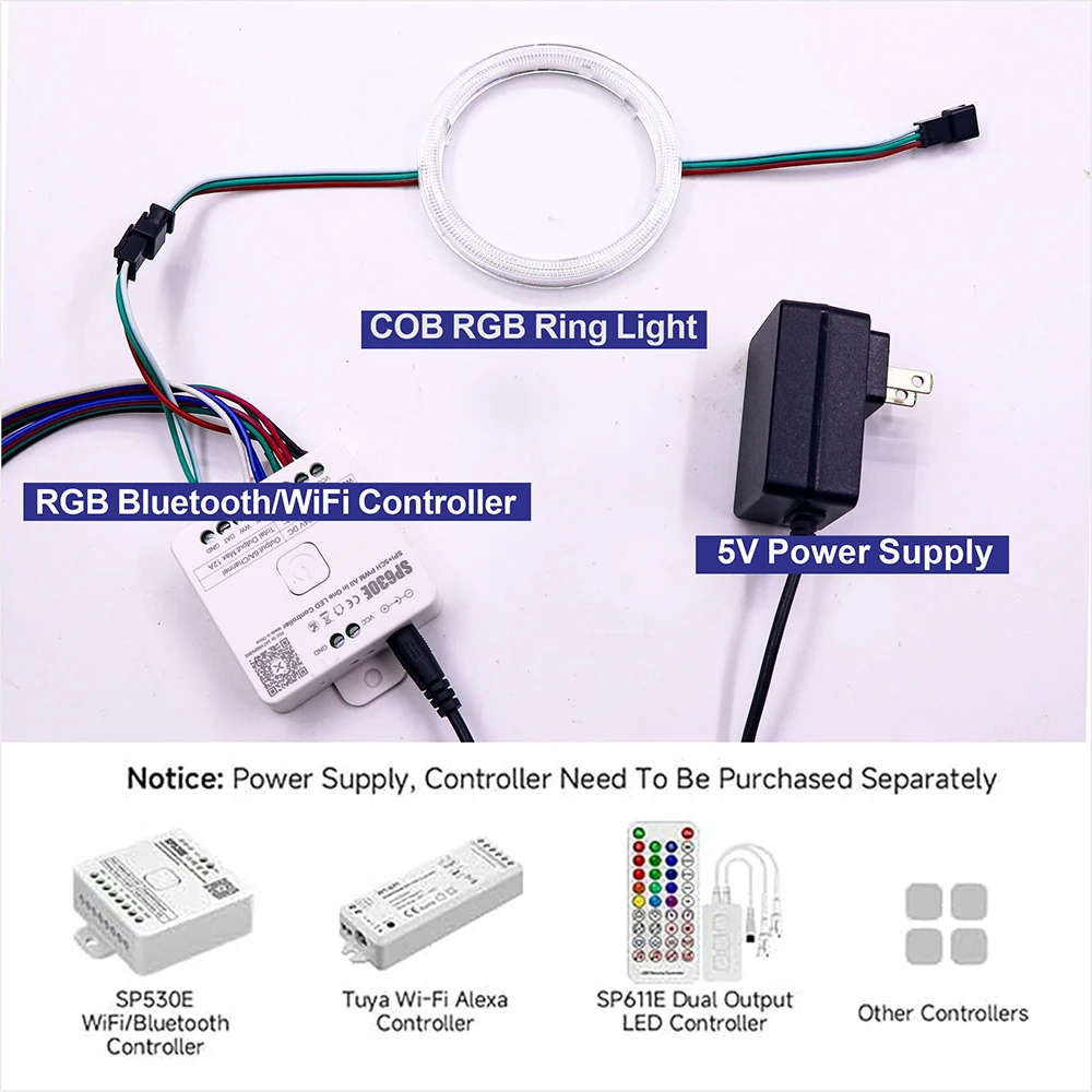 COB RGB DRL 헤일로 링 60-120mm 체이싱 컬러 LED 엔젤 아이즈 (자동차/오토바이용) DC5V 블루투스/WiFi 앱 컨트롤 컬러 COB 엔젤