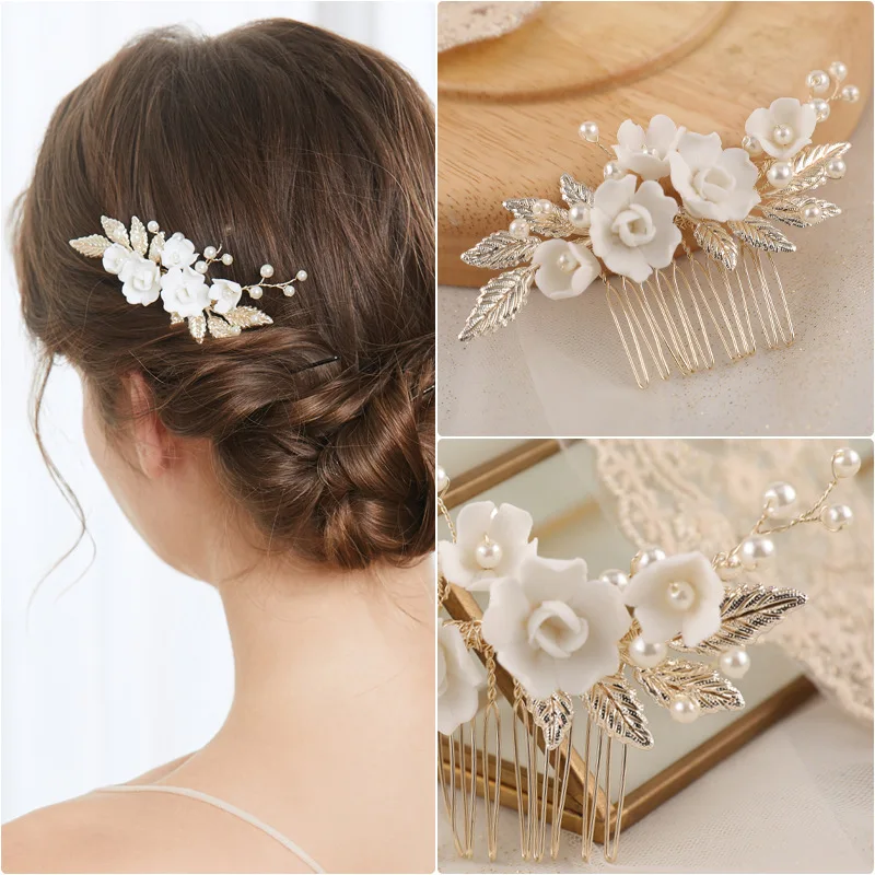Floralbride Handmade Alloy Leaf Crystal Rhinestone Ceramic Flower Pearls Bridal Hair Comb Wedding Hair Accessories Women Jewelry