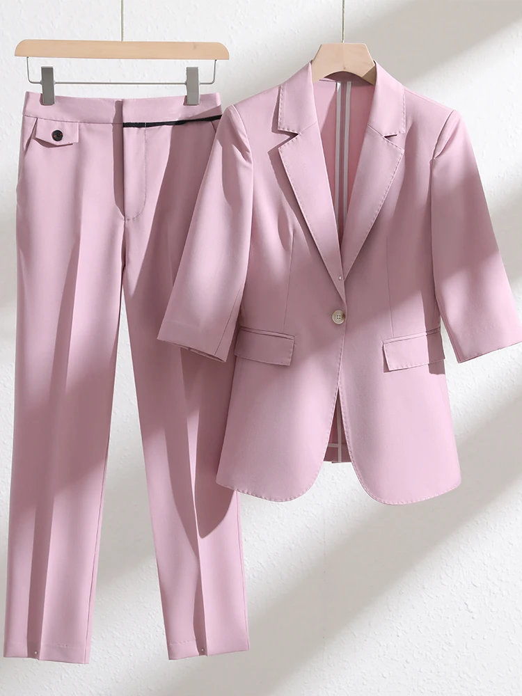 Women Formal Blazer Pants Sets 2 Piece Suit Female Khaki Green Blue Pink Business Work Wear Office Ladies  Spring Summer