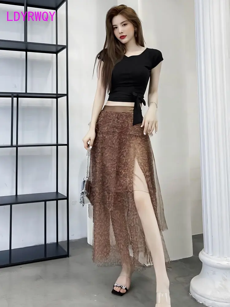 

Mesh skirt summer new leopard print design multi-layer irregular long high waist split.