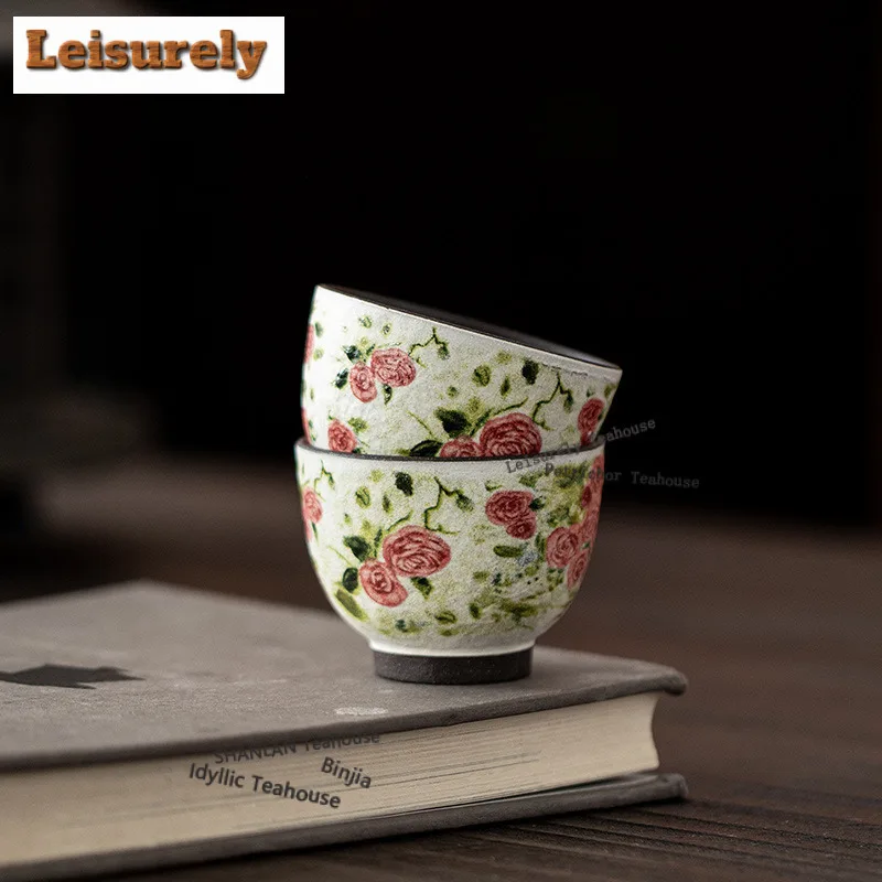 50ML Oil Painting Style Rose Flower Whisper Teacup Luxury Tea Bowl Tea Pair Tea-tasting Meditation Cup Chazhan Master Cups Cha