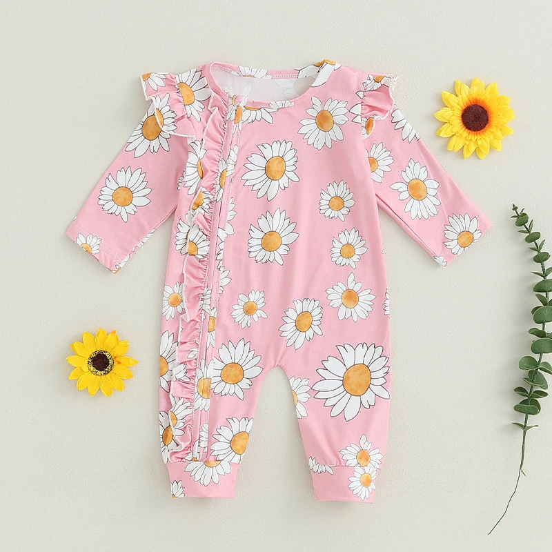 

New Baby Girls Jumpsuit Long Sleeve Crew Neck Flower Print Zipper Closure Casual Spring Autumn Infant Newborn Rompers Clothes
