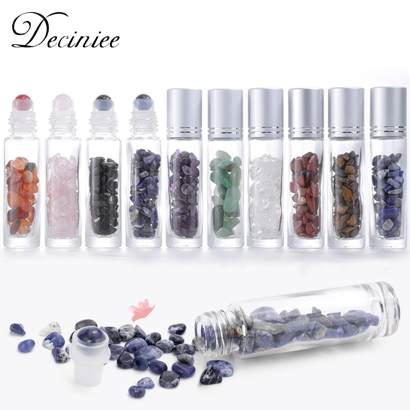 10pcs 10ml Roll On Bottles Natural Gemstone Essential Oil Roller Ball Bottles Transparent Perfumes Oil Liquid with Crystal Chips