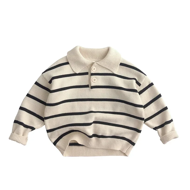 

Осень 2023, новый Детский Повседневный свитер в полоску, детский винтажный свитер с лацканами для девочек, вязаный пуловер для маленьких мальчиков, одежда для малышей