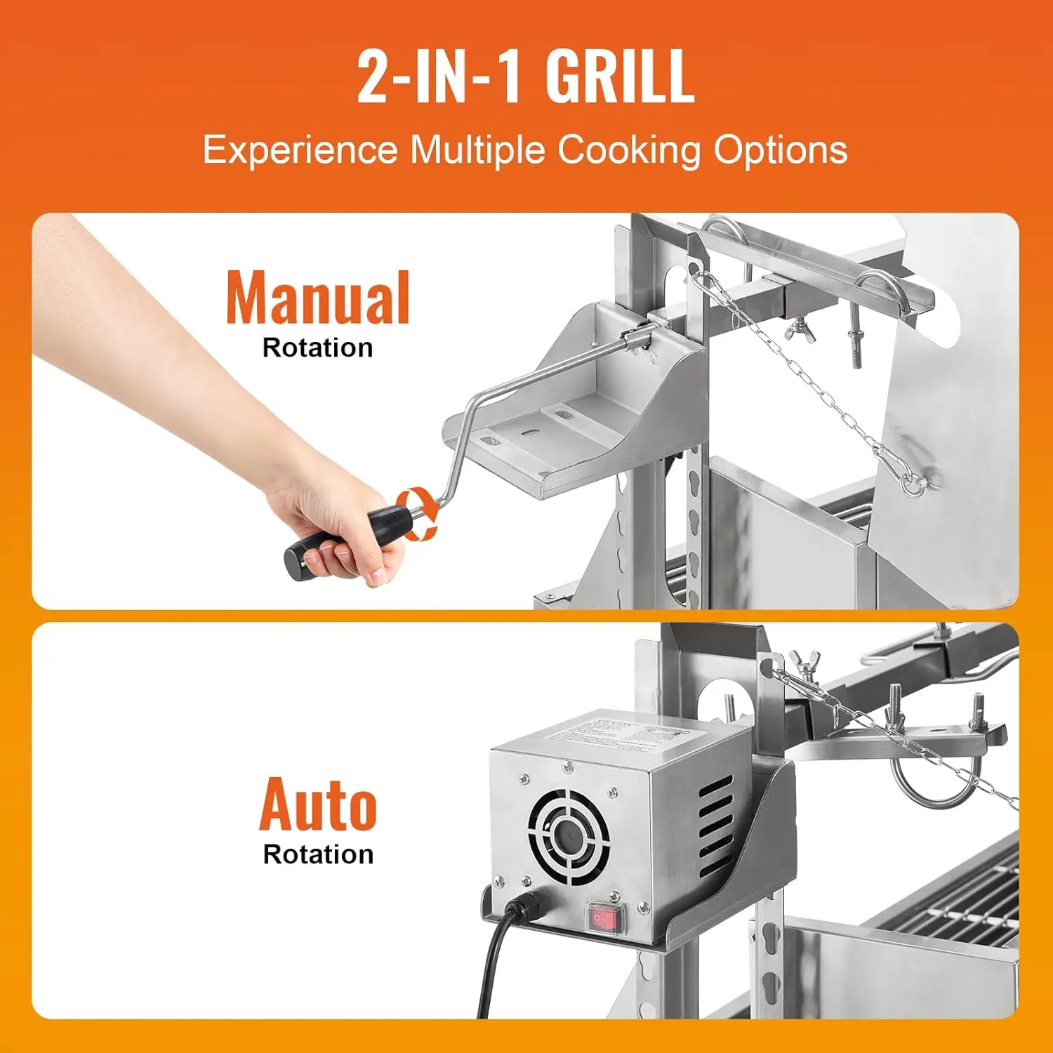Grill with Hooded Cover Roaster, 46 Inch 198Lbs Capacity, BBQ Outdoor Pig Lamb Rotisserie Roaster, Electric 52W Motor Stainless 4