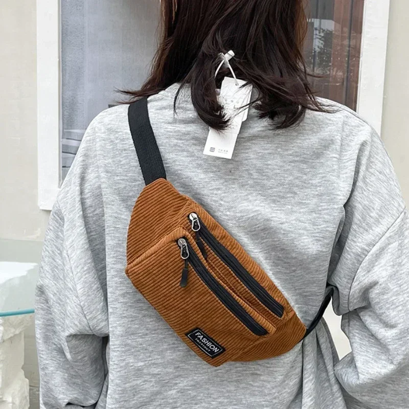 코듀로이 여성용 허리 가방, 작은 캔버스, 여성용 캐주얼 숄더 크로스 바디 백, 패니 팩, 단색 체스트 백
