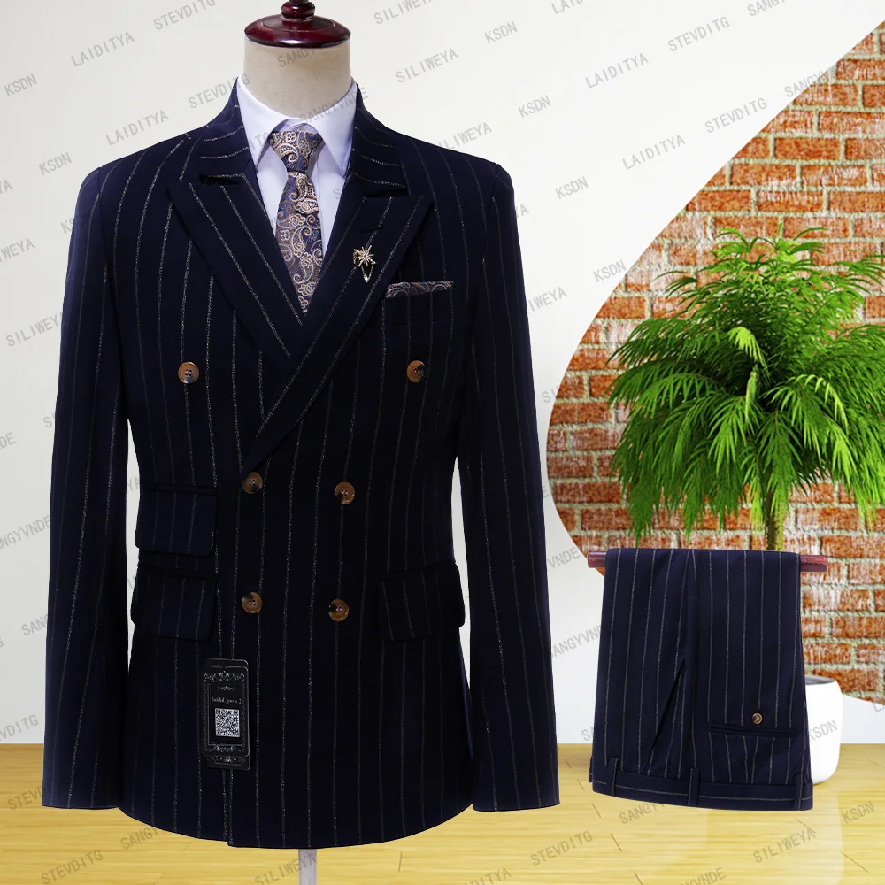 

SILIWEYA 2023 Dark Blue Stripe Men Suits Double Breasted Blazer Latest Coat Pant Designs Slim Fit 2 Piece Tuxedos Custom Made