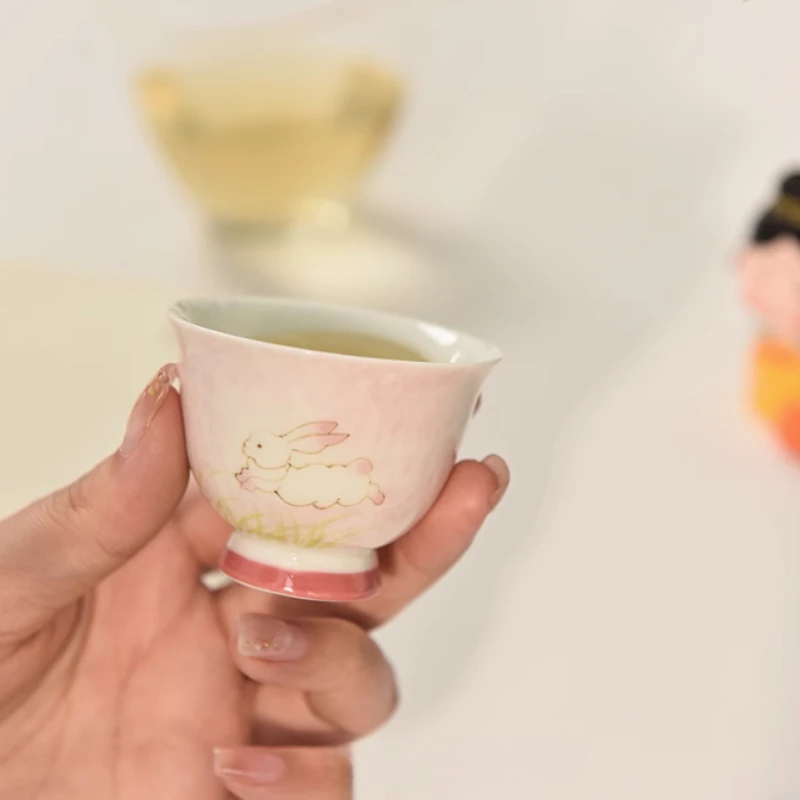 1pc Ceramic Jade Rabbit Small High Cup Household Ladies' Tea Cup Ceramic Master Cup Animal Pattern Design Tea Room Utensils 40ml
