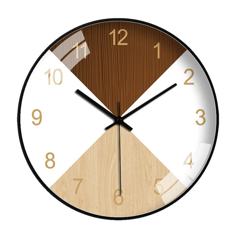 Wood Grain Simple Black Punch-free Wall Clock Golden Mute Cartoon Glass Clock Color:058H;Sheet Size:14 inch (35cm)