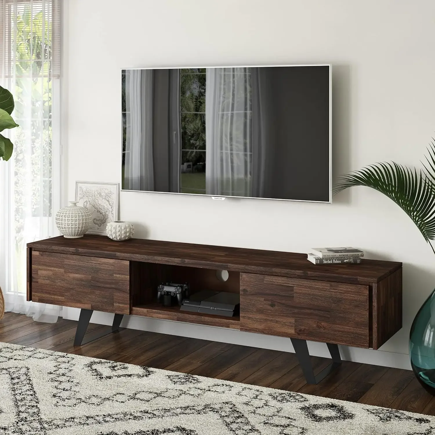 

SOLID ACACIA WOOD 72 Inch Wide TV Media Stand in Distressed Charcoal Brown For the Living Room and Entertainment Center
