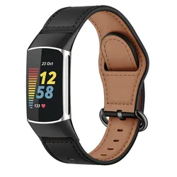 Premium Genuine Leather Strap for Fitbit Charge Wristbands - Elegant Business Bracelet for Men & Women (Black)