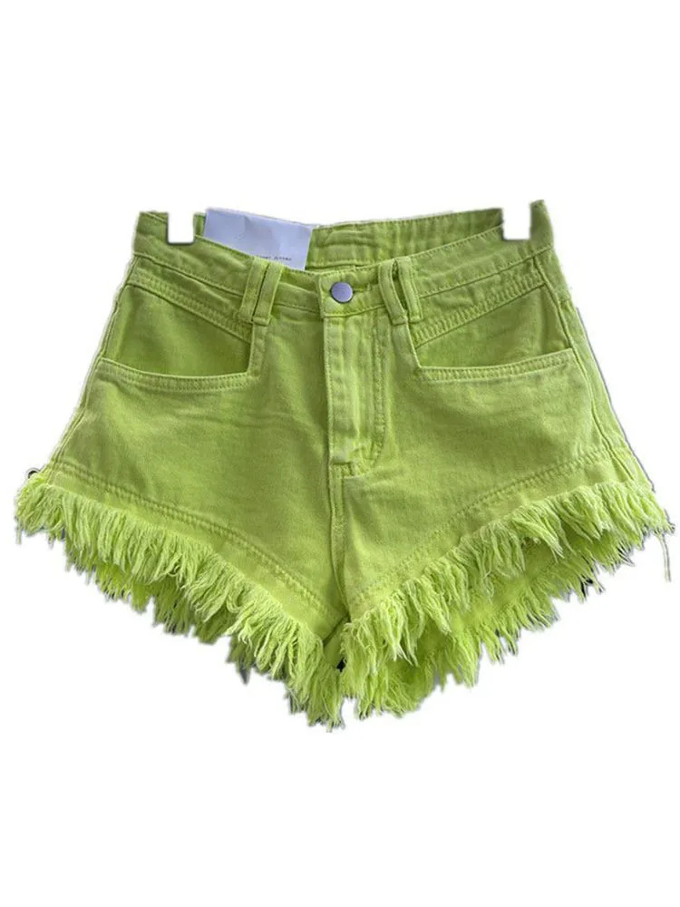 [EWQ] New Fashion Solid Color Tassel Fluorescent Green A-line Denim Shorts Wide Short Pants For Women 2024 Spring Summer 16U8989