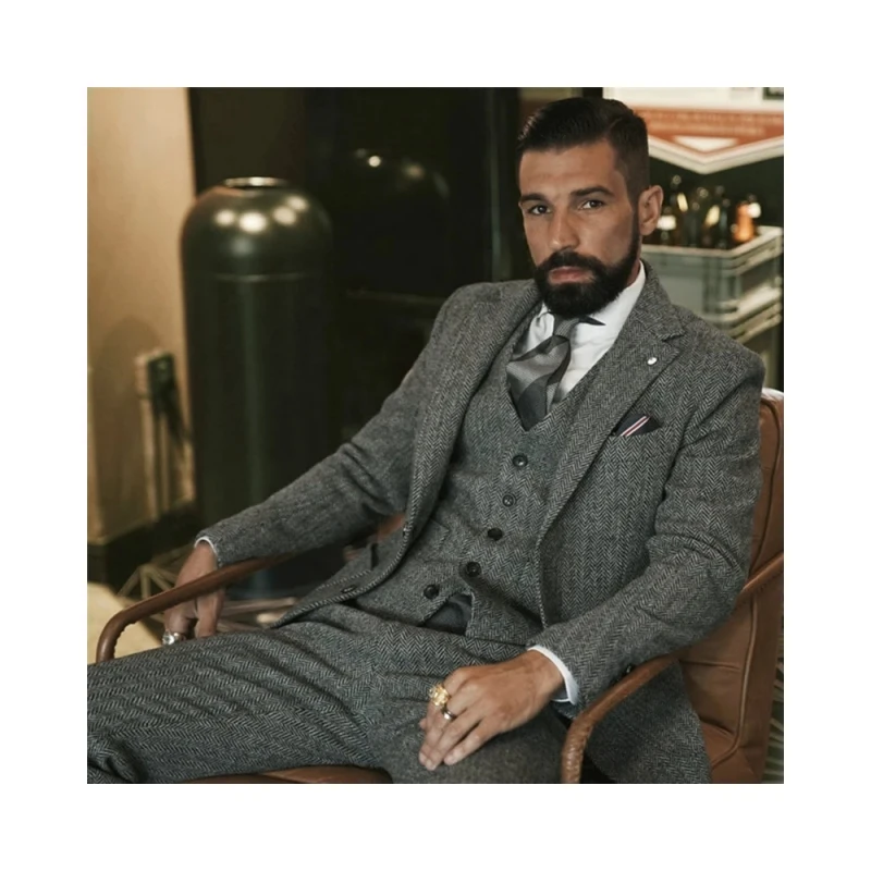 

Gray Wool Tweed Winter Suit for Men Herringbone Slim Fit Formal Groom Wedding Tuxedo 3 Piece Sets Wedding Male Suits