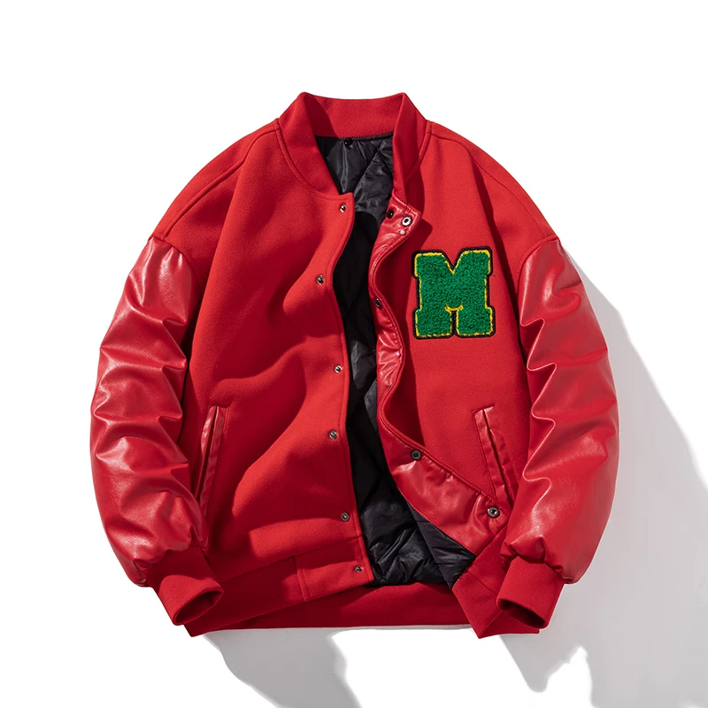 Мужская Куртка Varsity, зимняя Женская бейсбольная куртка с надписью, кожаная куртка с рукавом, мотоциклетная куртка на пуговицах, теплая парка для колледжа, красная