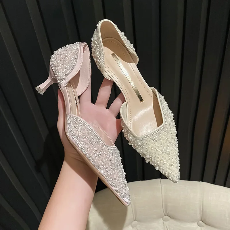 French Crystal Diamond Pearl Wedding Shoes Bridesmaid Shoes High Heels Women's Pointed Middle Heels Banquet Shallow Mouth