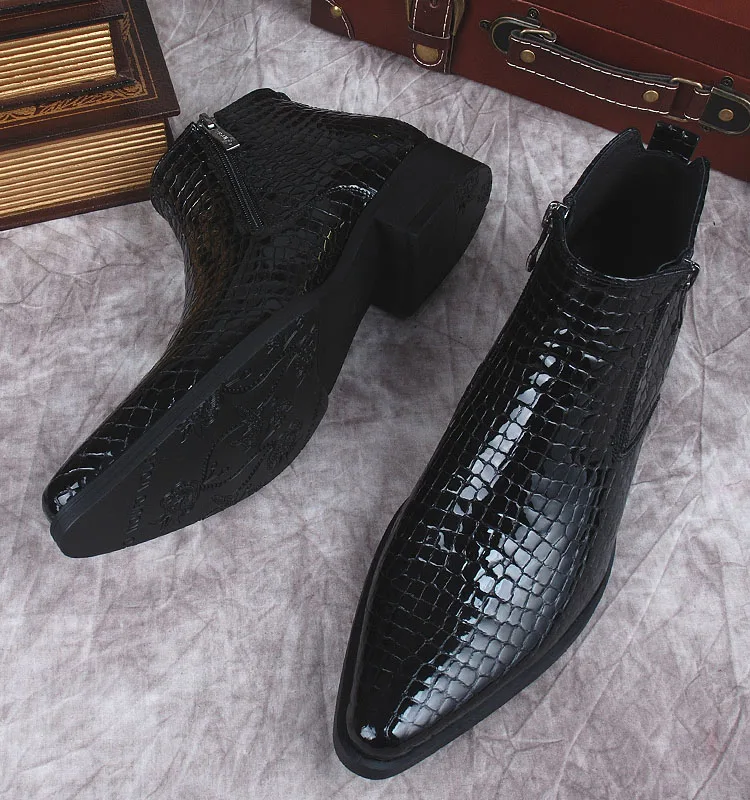 

Men Ankle Boots Genuine Leather Black Blue Pointy Men Elegant Dress Boot Italian Formal Crocodile Pattern Chelsea Boot Shoes Men