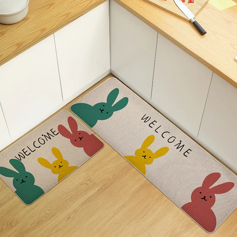 Cartoon Easter Carpet Cute Bunny Entrance Doormat Kitchen Floor Mat Faux Linen Hallway Pad Home Decor Anti-slip Bathroom Rug