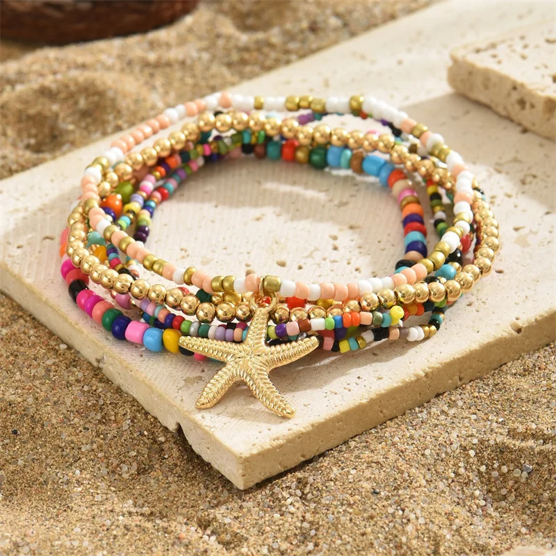 Set 3 Cavigliere Bohémien Oro Con Perline, Stella Marina E Conchiglia - Gioielli Estivi Regolabili Per Donna