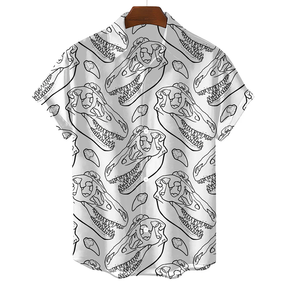 Black And White Simple Men's Shirt Cute Dinosaur Print Men's Clothing Lapel Oversized Short Sleeve Shirt Fashion Street Tops 5