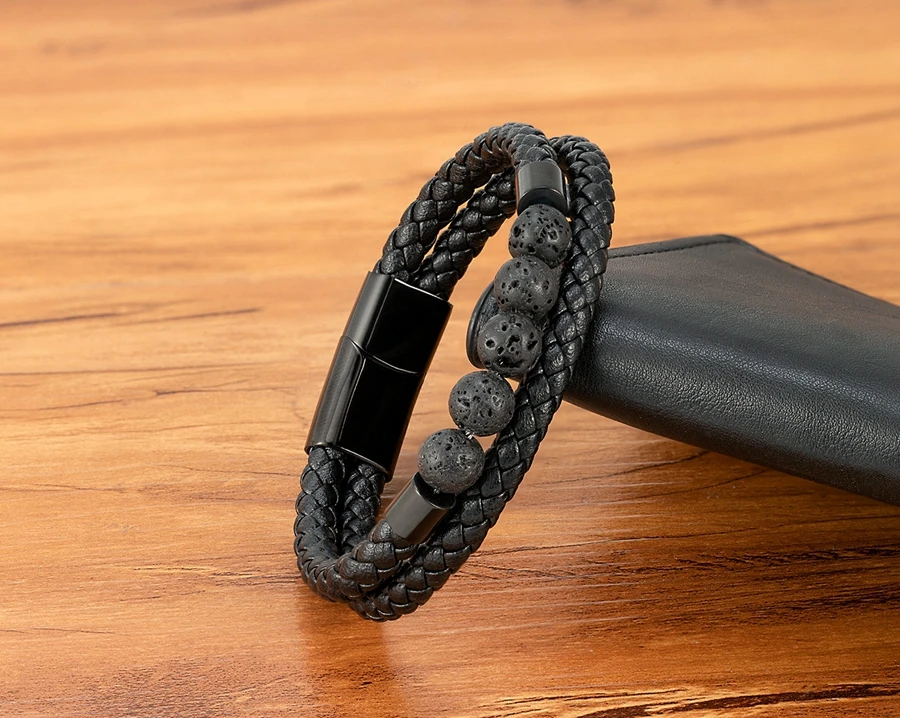 TYO High Quality Natural Stone Tiger Eye Beaded Bracelets Woven Leather Bangles Men Classic Fashion Magnet Clasp Jewelry Gifts