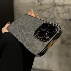Luxury Leopard Texture Leather Case with Shockproof Lens Protection - iPhone 15 Plus (Gray)