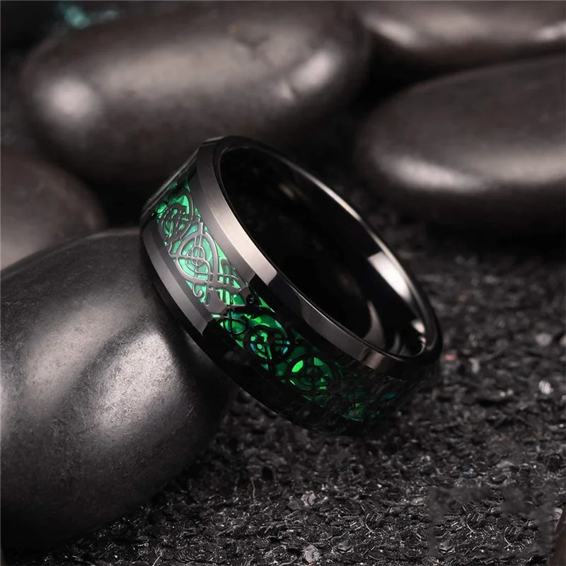 10 Colors 8mm Men's Stainless Steel Celtic Dragon Ring Inlay Red Green Black Carbon Fiber Wedding Band Jewelry Size 6-13