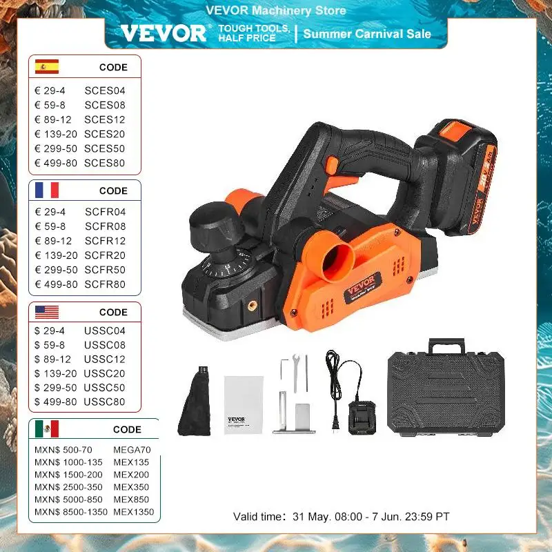 

VEVOR Cordless Electric Hand Planer 3-1/4" Width 16000 RPM with Battery 5/64" Adjustable Depth HSS Blades for Woodworking Use