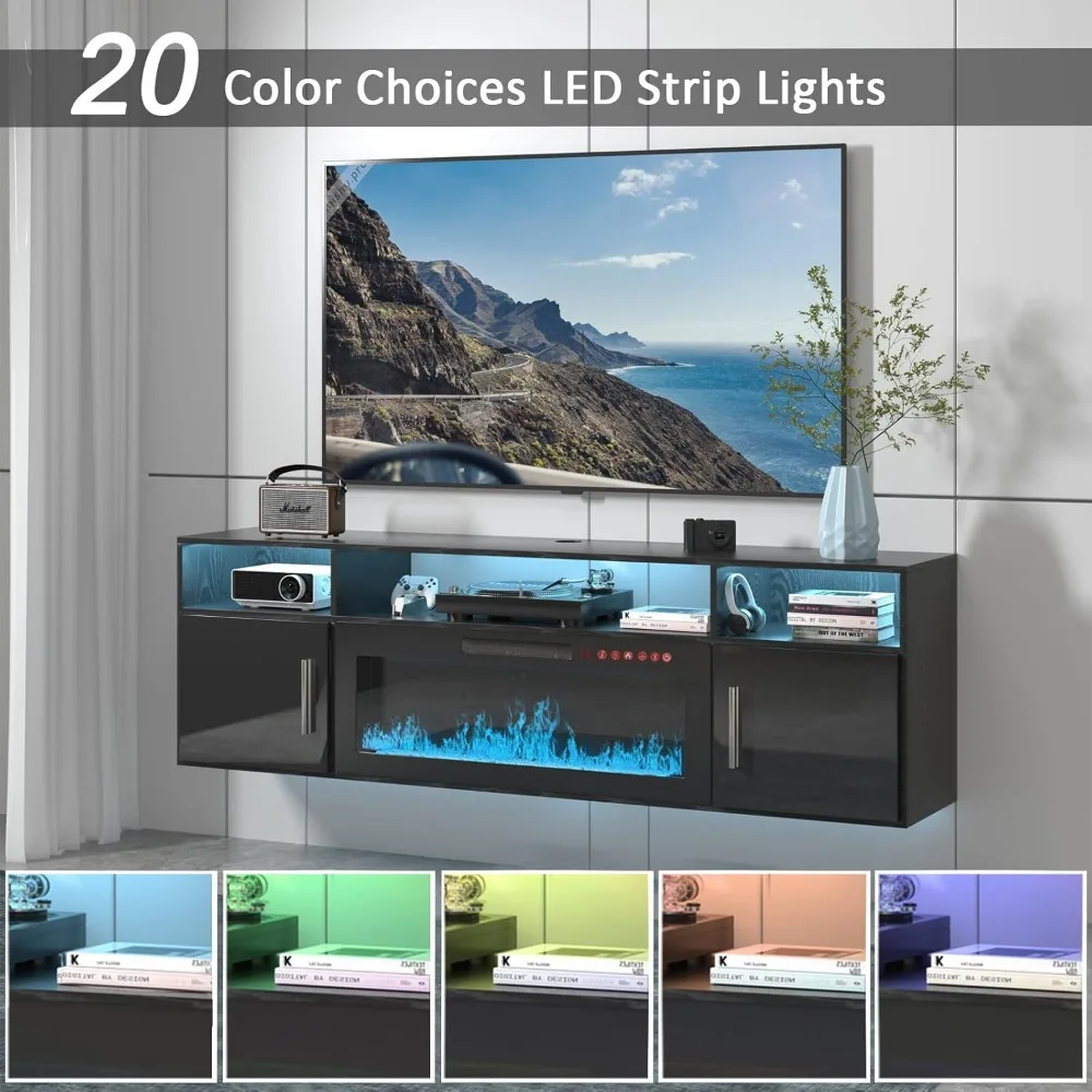 Floating TV Stand with Fireplace, 70" Floating TV Stand Wall with 36" Fireplace, Black Floating Electric Fireplace TV Stand 4