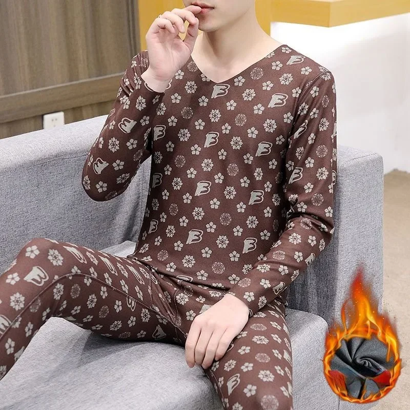 2024 New Winter German Velvet Trackless Warm Underwear Set for Men's Thin Plush Autumn Clothes Autumn Pants O-neck Long Johns