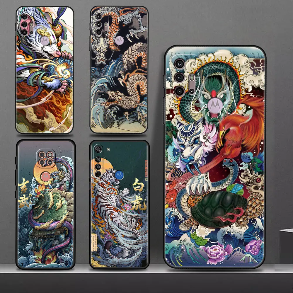 Custodia Antiurto Green Dragon White Tiger Per Moto G9 Power G8 Edge 20 Pro G31 G52 G22 30 Neo G200 5G G71 Cover Nera Per Telefono