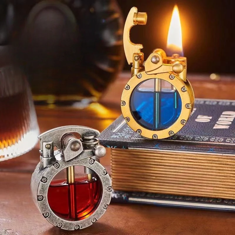 New Retro Transparent Oil Tank Metal Rocker Kerosene Lighter Personality Windproof Cigarette Lighter Men Collection Gifts 3