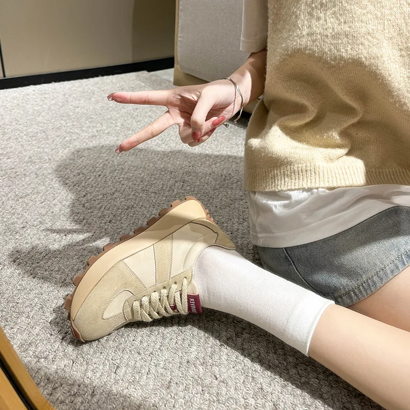 Casual Women Sneakers Suede Leather Patchwork Mixed Colors Platform Lady Shoes Round Toe Korean New Lace Up Non-slip Flat Shoes
