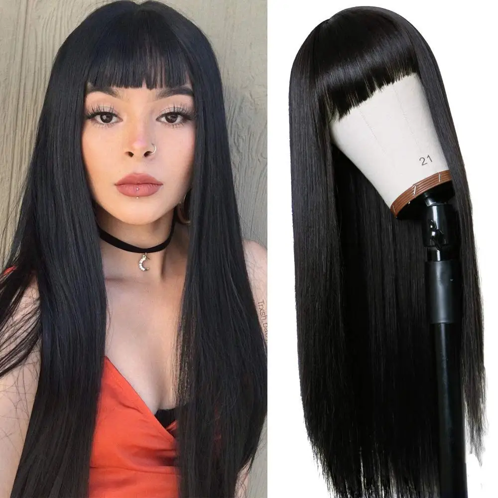 Long Straight Synthetic Hair Wig Heat Resistant With Bangs Cosplay Party