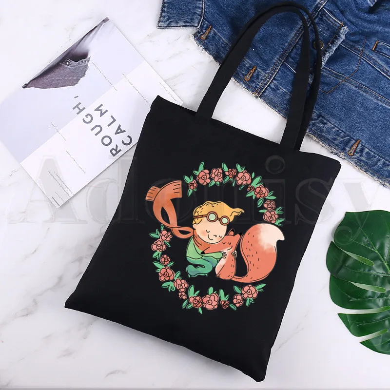 

Little Prince Art Beautiful Retro Pretty Cute Black Canvas Print Shopping Bags Girls Fashion Life Casual Pacakge Hand Bag