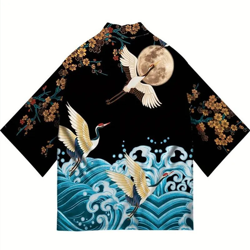 Japanese Kimono Japanese Kimono Cardigan Japanese Kimono Shirt Japanese Kimono Cardigan Yukata Samurai Man Women Crane Print Shirt Beach Haori Harajuku Obi Chinese Style Asian Streetwear 5XL