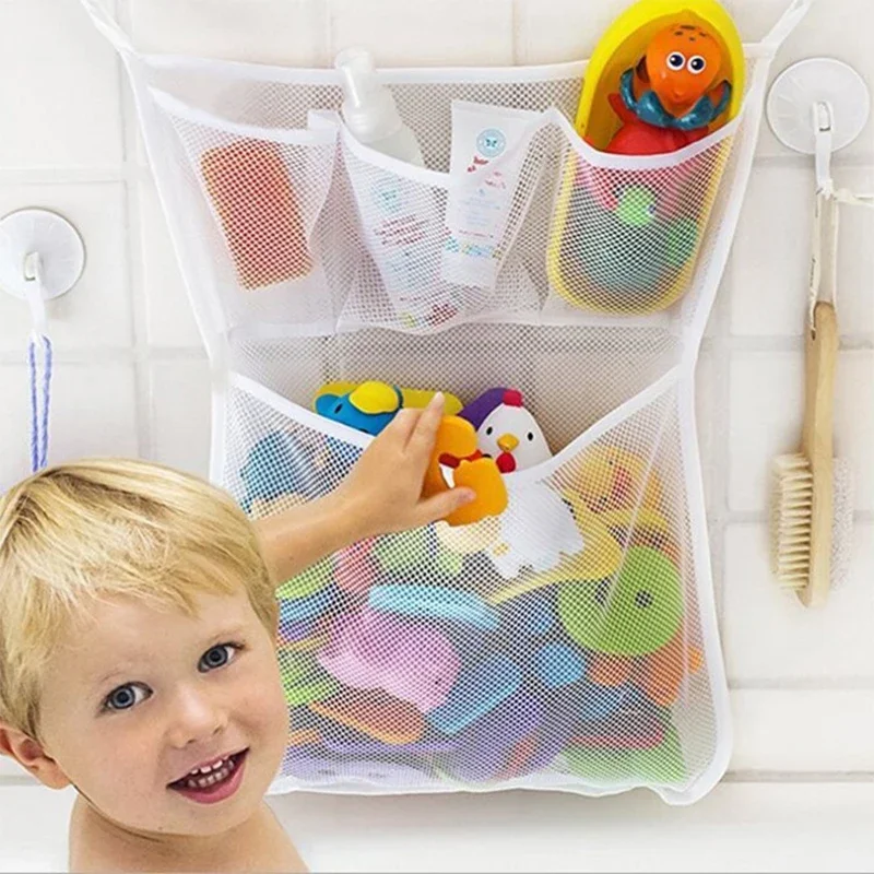 Bathroom Shower Products Drying Storage Strong Suction Cups with Hooks Baby Mesh Net Game Bag Multifunction Bath Toy Organizer