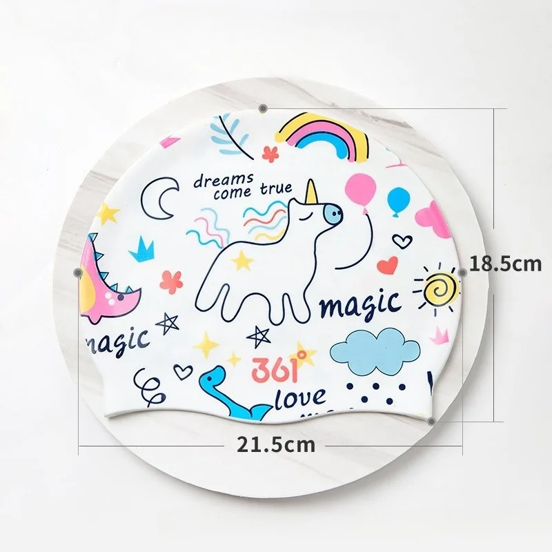 Kids Cartoon Printed Swimming Cap Elastic Silicone Water Sport Ear Hair Protect Pool Bathing Hats Boys Girls 2
