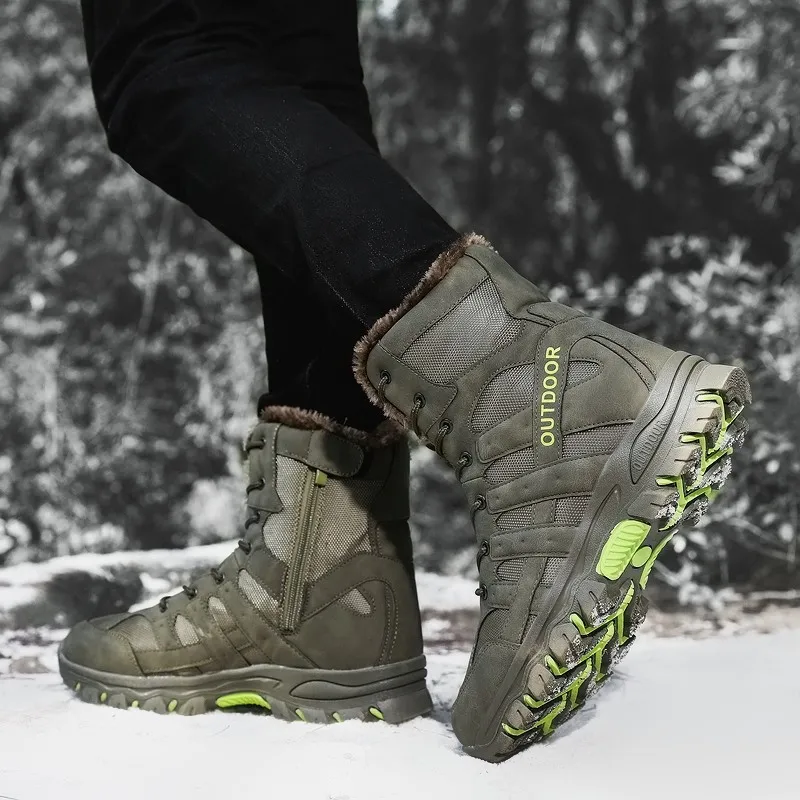 High quality high tops leather boots for men 2023 winter size 46 47 hiking outdoor mountain military training  plush warm shoe