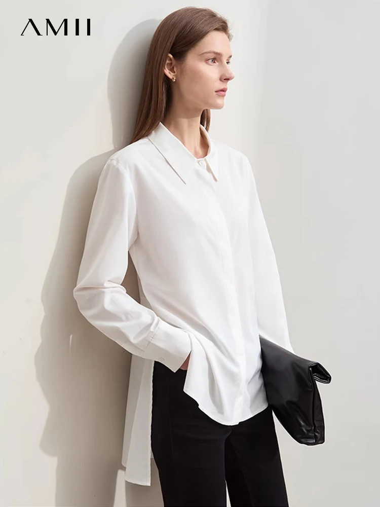 

Amii Minimalism Mid-length Shirt for Women 2024 Spring Solid Slim Front Short Back Long Side Slit Lady Shirts & Blouses 12441346