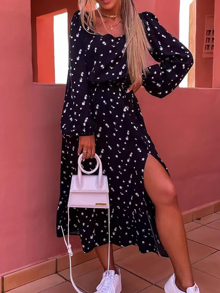 

Women Long Printing Spring Autumn Princess Dress Full Sleeve Sashes V-Neck Office Lady Elegant Ladies Dress Streetwear Vestidos