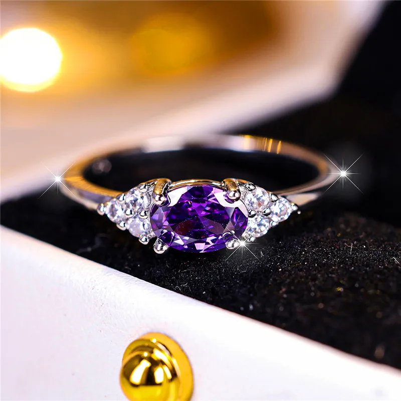 Luxury Female Purple Oval Zircon Stone Engagement Ring Trendy Silver Color Bride Wedding Jewelry Gift For Women