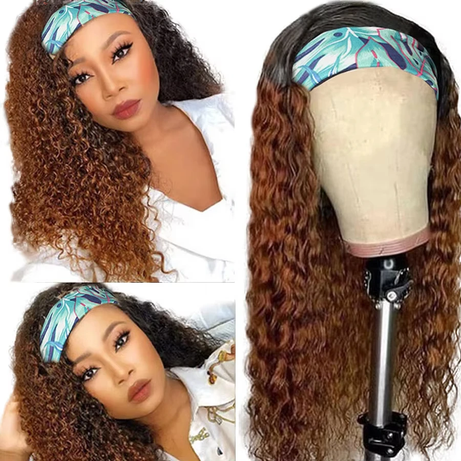 옴브레 블론드 곱슬 헤어밴드 가발 인모 1B/버건디 99J 브라운 하이라이트 헤어밴드 가발 브라질리언 딥 컬리 포니테일 스카프 가발