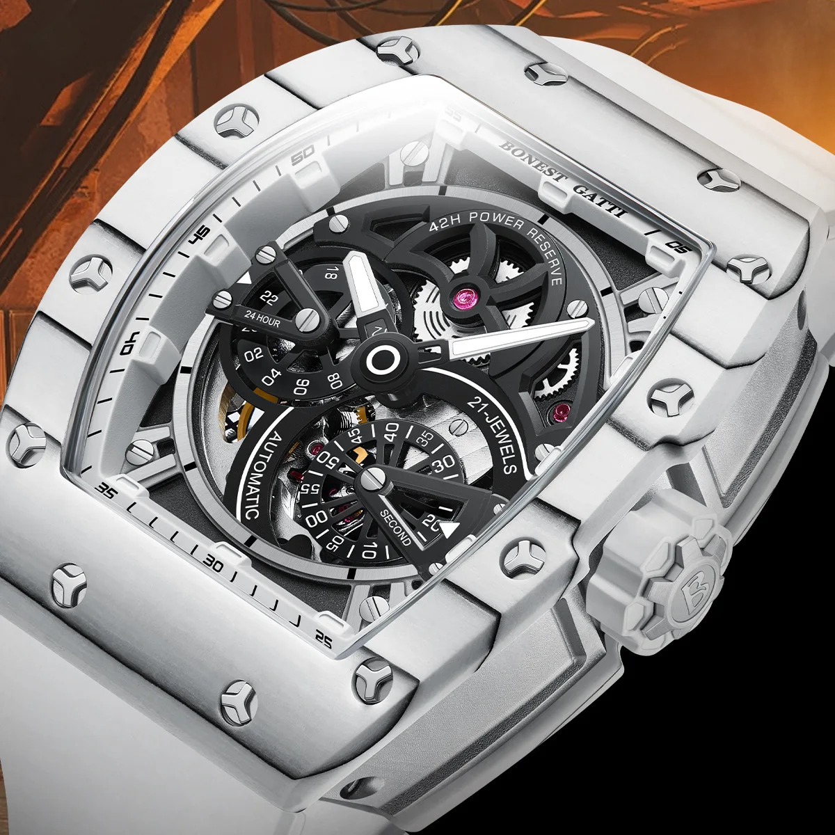 BONEST GATTI Men's New Carbon Fiber Series Double sided Hollow out Fully Automatic Waterproof Night Light Watch