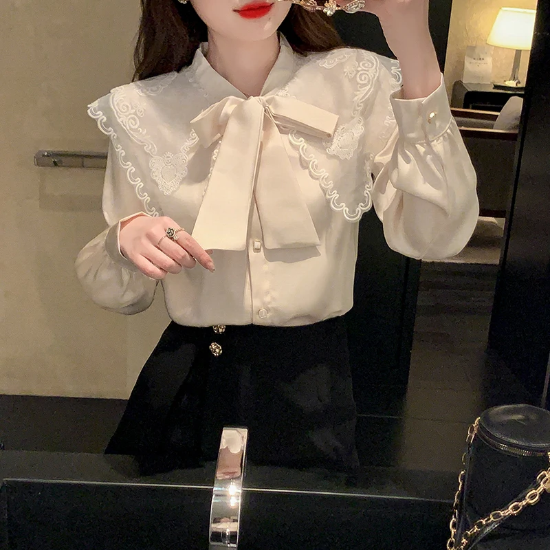 

Temperament Ladies Tops Korean Sweet Chiffon Blouses Women Bandage Bow Long Sleeve Shirts Camisas De Mujer Loose Vintage Tops